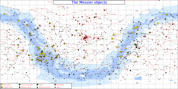 An all-sky map showing the distribution of Messier objects. (Click to enlarge). Credit: Jim Cornmell under a Wikimedia Commons Attribution-Share Alike 3.0 Unported license.