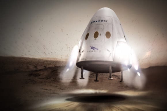 Artists concept for sending SpaceX Red Dragon spacecraft to land propulsively on Mars as early as 2018. Credit: SpaceX