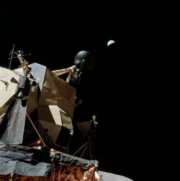 Earth over the LM seen from the Apollo 17 landing site (NASA/JSC scan)