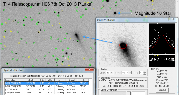 Comet ISON on October 7, 2013, imaged with a robotic iTelescope facility. Credit and copyright: Peter Lake.