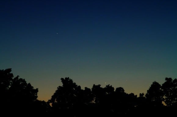 Three evening planets – Jupiter, Venus and Mercury -- on May 23, 2013 at about 9pm CDT, as see from Salem, Missouri. The photographer noted a fourth planet is also visible in this photo: Earth! Credit and copyright: Joe Shuster.