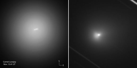 Sketch using Photoshop of the inner region of Comet Lovejoy's coma showing the false nucleus and the curious dust fountain observed on Nov. 13 in a 15-inch (37-cm) telescope. Credit: Bob King. The dust fountain or plume captured on Nov. 12 next to the false nucleus deep within the coma of Comet Lovejoy. Credit: Luc Arnold