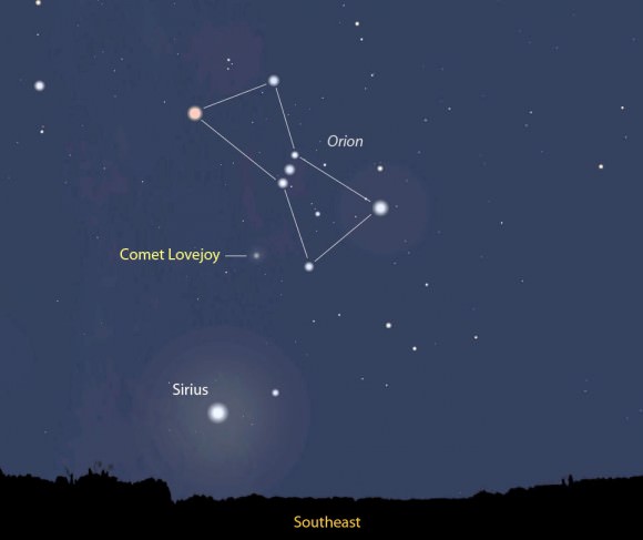 The comet is a faint 14th magnitude object just east of Orion's Belt in the dim constellation Monoceros the Unicorn. The map shows its position tomorrow morning Sept. 11 just before the start of morning twilight. Stellarium