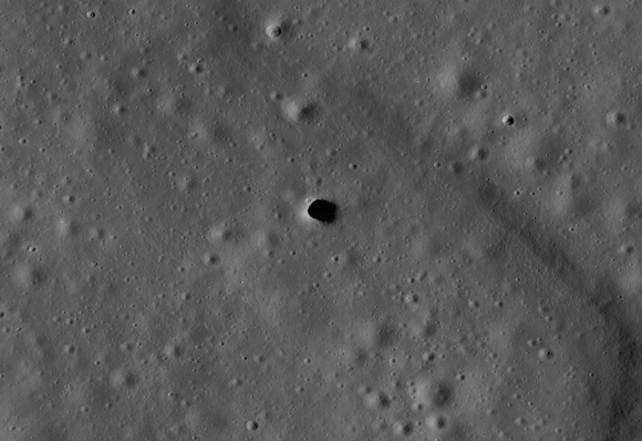 High-resolution of the Marius Hills pit, which lies over a possible lava tube in an ancient volcanic region of the Moon called the Marius Hills. Credit: NASA/GSFC/ASU