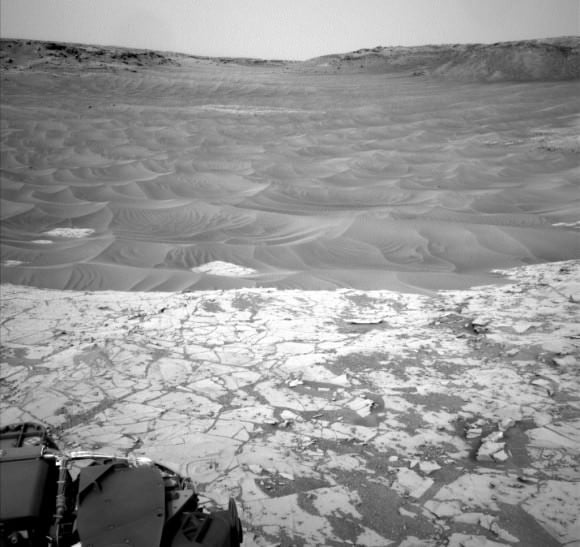 Four-wheel drive only. Curiosity took this photo showing a sea of dark dune from the Pahrump Hills outcrop on November 13th. Credit: NASA/JPL-Caltech