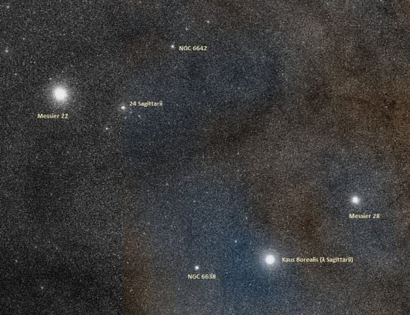 Messier 22, showing its proximity to Messier 28 and Kaus Borealis. Credit: Wikisky
