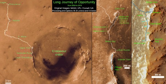 Traverse Map for NASA’s Opportunity rover from 2004 to 2014 - A Decade on Mars. This map shows the entire path the rover has driven during a decade on Mars and over 3692 Sols, or Martian days, since landing inside Eagle Crater on Jan 24, 2004 to current location along Pillinger Point ridge south of Solander Point summit at the western rim of Endeavour Crater and heading to clay minerals at Cape Tribulation. Opportunity discovered clay minerals at Esperance - indicative of a habitable zone. Credit: NASA/JPL/Cornell/ASU/Marco Di Lorenzo/Ken Kremer