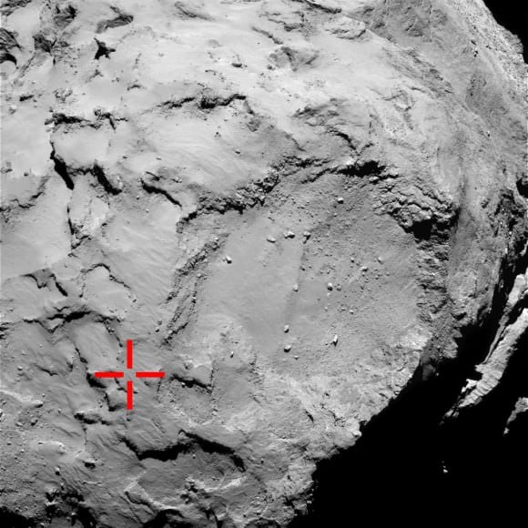 The location of Philae's first touchdown on the surface of Comet 67P/C-G. Although covered in dust in many areas, Philae found strong evidence for firm ice beneath. Credits: ESA/Rosetta/MPS for OSIRIS Team MPS/UPD/LAM/IAA/SSO/INTA/UPM/DASP/IDA