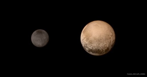 A portrait from the final approach of the New Horizons spacecraft to the Pluto system on July 11, 2015. Pluto and Charon display striking color and brightness contrast in this composite image. Credit: NASA-JHUAPL-SWRI.