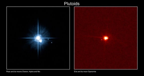Pluto and moons Charon, Hydra and Nix (left) compared to the dwarf planet Eris and its moon Dysmonia (right). This picture was taken before Kerberos and Styx were discovered in 2011 and 2012, respectively. Credit: International Astronomical Union