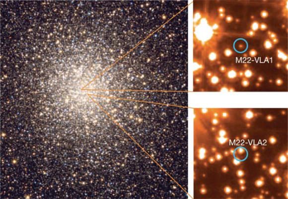 These are optical images of M22 and the candidate companion stars to the radio sources M22-VLA1 and M22-VLA2: the globular cluster M22, on the left, and the location of the radio sources on archival Hubble images. Credit: Doug Matthews/Adam Block/NOA/AURA/NSF/HST/NASA/ESA