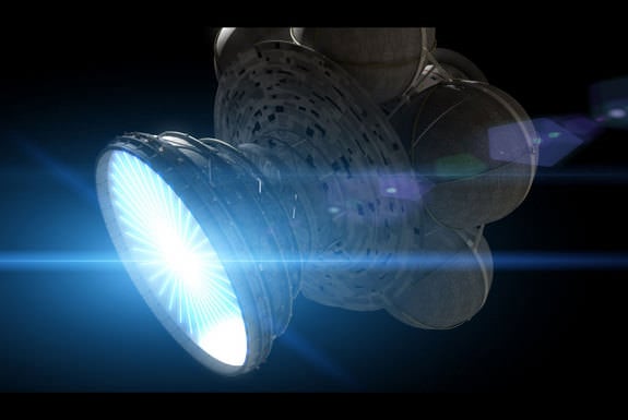 Daedalus' Deuterium/Helium 3 fuel pellets are injected into the engine, where they are hit by electron beams, compressing them to the point that fusion occurs. Magnetic fields contain the expanding plasma. Credit: Adrian Mann
