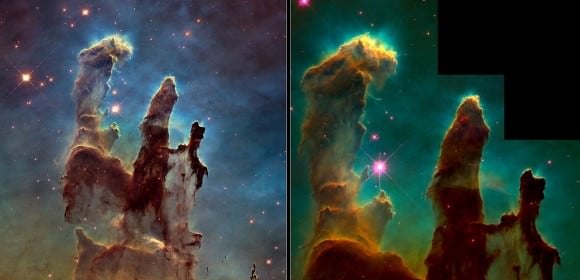 The Eagle Nebula's pillars of creation taken in 1995 (right) and 2015. The new image was obtained with the Wide Field Camera 3, installed by astronauts in 2009. Credit: Left: NASA, ESA/Hubble and the Hubble Heritage Team. Right: NASA, ESA/Hubble, STScI, J. Hester and P. Scowen (Arizona State University)