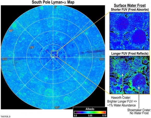 These images produced by the Lyman Alpha Mapping Project (LAMP) aboard NASA's Lunar Reconnaissance Orbiter reveal features at the Moon's northern and southern poles in the regions that lie in perpetual darkness. They show regions that are consistent with having large surface porosities — indicating