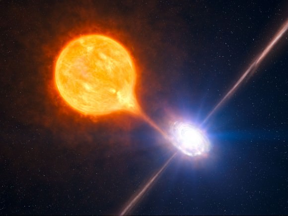Combining observations done with ESO's Very Large Telescope and NASA's Chandra X-ray telescope, astronomers have uncovered the most powerful pair of jets ever seen from a stellar black hole. The black hole blows a huge bubble of hot gas, 1,000 light-years across or twice as large and tens of times more powerful than the other such microquasars. The stellar black hole belongs to a binary system as pictured in this artist's impression. Credit: ESO/L. Calçada