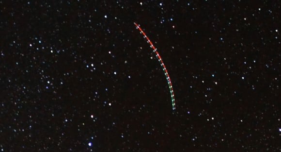 A close-up, 25 second exposure of an object flying through the field of view. Credit: Gavin Heffernan/Sunchaser Pictures.