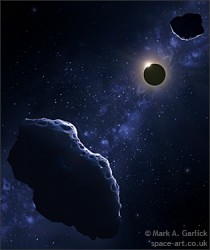 Artist impression of two KBOs and Neptune eclipsing the Sun (Mark A. Garlick) 