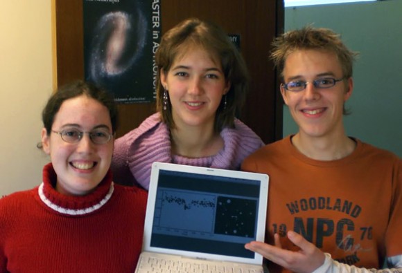 Francis Vuijsje, Meta de Hoon, and Remco van der Burg (left to right), discovered an extrasolar planet that is larger than and about five times as massive as Jupiter and orbiting a fast-rotating hot star.  Credit: Leiden Observatory 