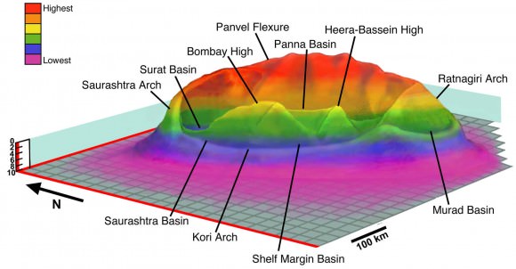 Three-dimensional reconstruction of the submerged Shiva crater (~500 km diameter) at the Mumbai Offshore Basin, western shelf of India from different cross-sectional and geophysical data. The overlying 4.3-mile-tick Cenozoic strata and water column were removed to show the morphology of the crater.