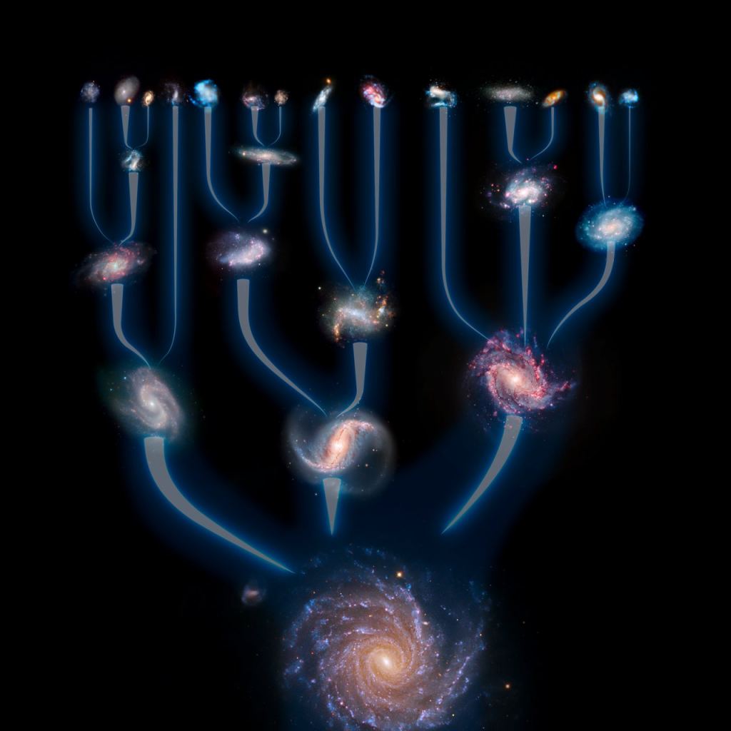 According to the hierarchical model of galaxy formation, small galactic building blocks formed first, only to coalesce into ever larger galaxies over the lifetime of the Universe. Image Credit: ESO/L. Calçada