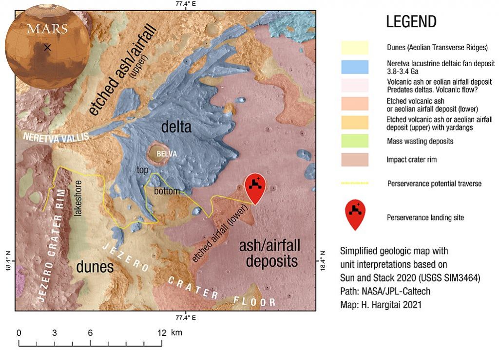 <Click to Enlarge> This map show the geographic features of Jezero Crater, Perseverance's landing site. Two small craters flank the red landing site indicator, and one of them appears to be visible in the landing video. Image Credit: By Hargitai - Own work, CC BY-SA 4.0, https://commons.wikimedia.org/w/index.php?curid=100211307