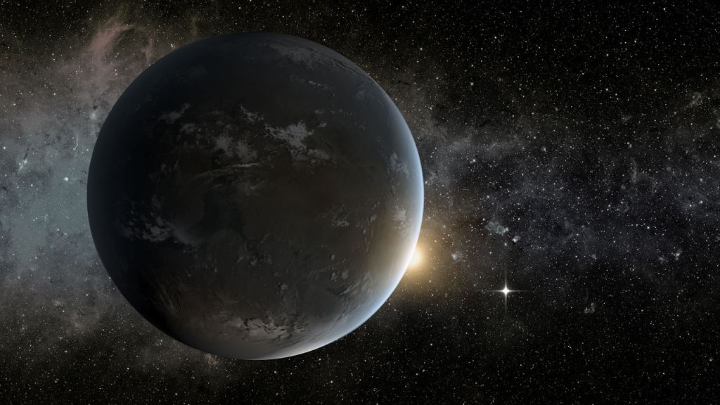 An artist's illustration of the exoplanet Kepler 62f. It's in the habitable zone of its star and is a super-Earth. Scientists aren't sure, but it may be a waterworld. Image Credit: By NASA Ames/JPL-Caltech - http://www.nasa.gov/mission_pages/kepler/multimedia/images/kepler-morningstar.html, Public Domain, https://commons.wikimedia.org/w/index.php?curid=25659816