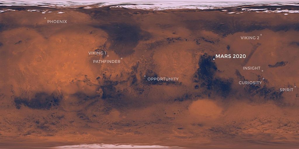 Lander and rover landing locations on Mars. Image Credit: NASA