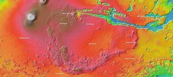 An image of the Syria-Thaumasia region of the Tharsis complex, showing the volcano Arsia Mons on the left, and Valles Marineris on the northern edge. Brown areas are the highest altitude. Open Source Image: Arizona State University, JMars.