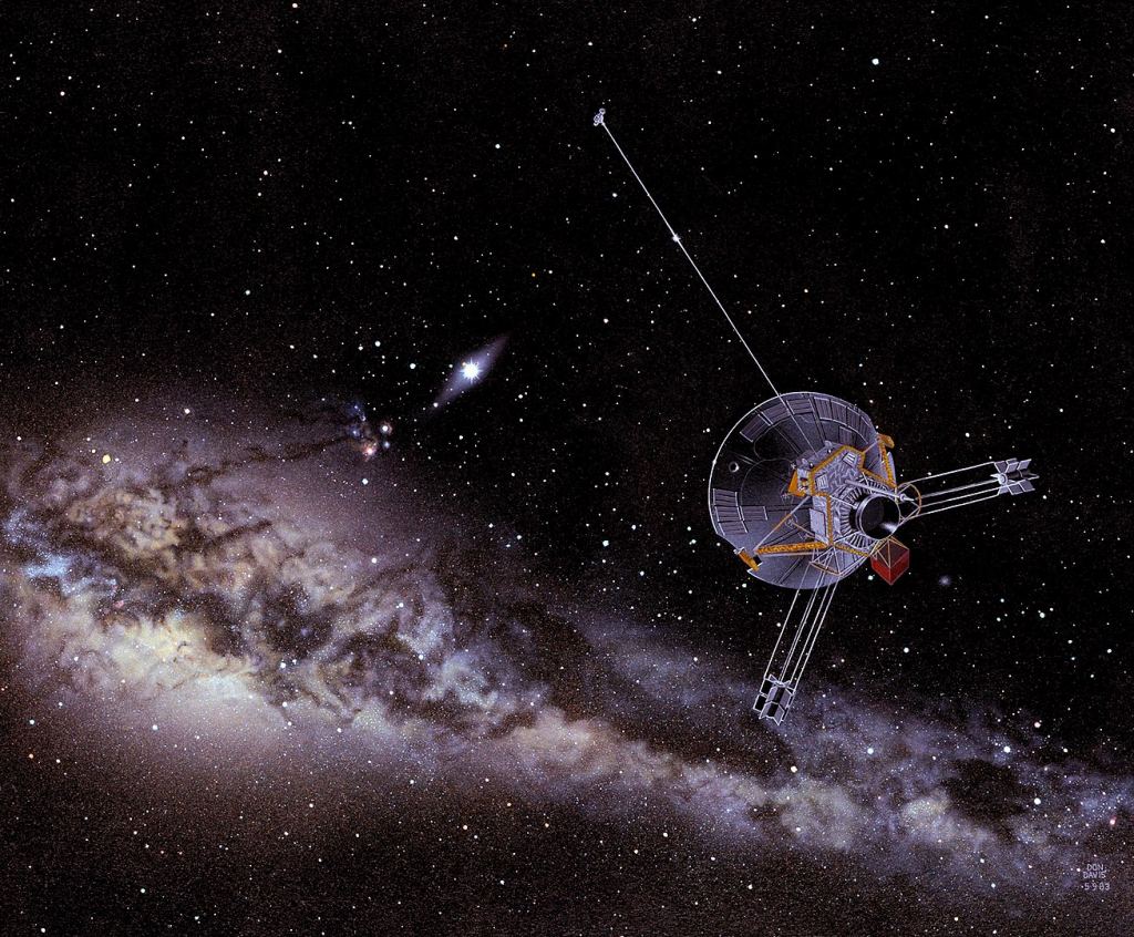 This artist's illustration shows Pioneer 11 on its way to interstellar space. NASA lost contact with the probe in 1995, but they expect it's still travelling at 40,260 km/h (25,010 mph.) It won't come close to another star for more than 900,000 years. Image Credit: By NASA/Don Davis - http://www.nasa.gov/centers/ames/news/2013/pioneer11-40-years.html, Public Domain, https://commons.wikimedia.org/w/index.php?curid=25464775