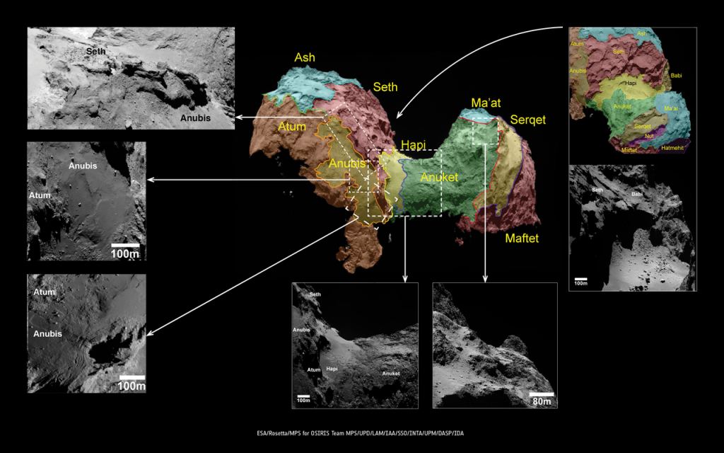 omet 67P with the names given to the surface regions. The Hapi region is of particular interest because its smooth, connects both of the comet's lobes, and has a very active surface. Image Credit: ESA/Rosetta/MPS for OSIRIS Team MPS/UPD/LAM/IAA/SSO/INTA/UPM/DASP/IDA