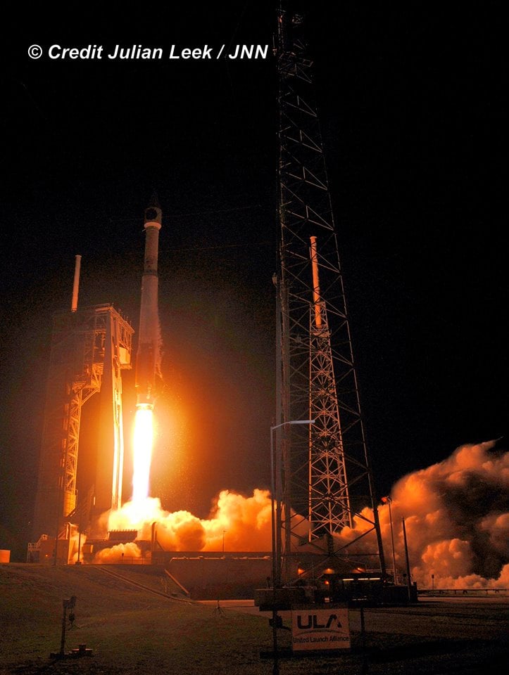 While the US criticizes Russia for developing militaristic assets in space, they launch their own assets, ensuring the tit-for-tat continues. This is the nighttime blastoff of the ULA Atlas V rocket carrying the USAF SBIRS GEO 3 missile defense satellite to orbit on Jan. 20, 2017 from Space Launch Complex-41 at Cape Canaveral Air Force Station in Florida. Credit: Julian Leek