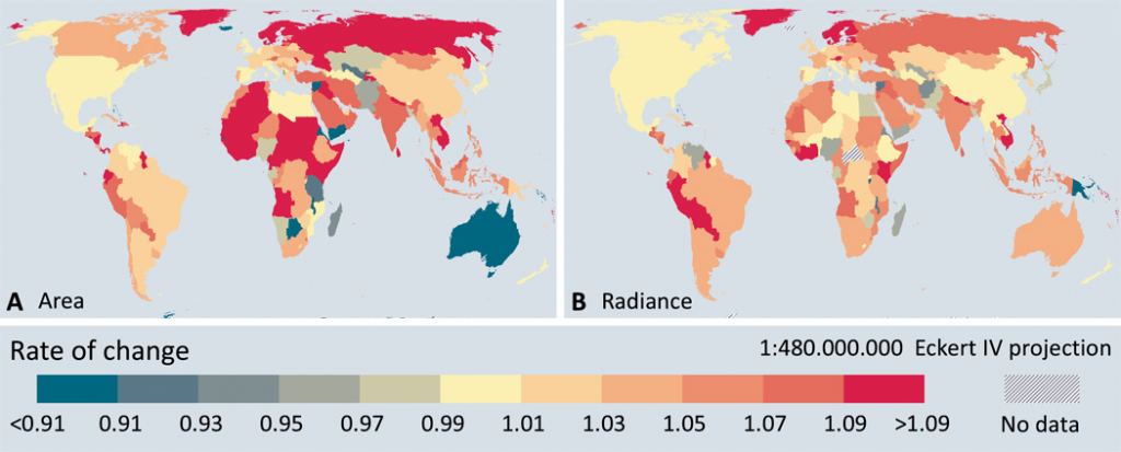 This figure from the 2017 study shows the rate of change globally for both Area and Radiance. Changes are shown as an annual rate for both lit area (A) and the radiance of stably lit areas (B). Annual rates are calculated based on changes over a four-year period from 2012 to 2016. Since this is based on satellite data, some of what it shows is related to warfare (Syria) and forest fires (Australia.) Image Credit: Kyba et al. 2017.