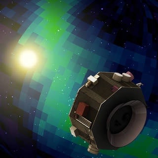 An artist's illustration of NASA's IMAP spacecraft. It'll study the particles coming back toward Earth from the boundary of the heliosphere. Image Credit: NASA