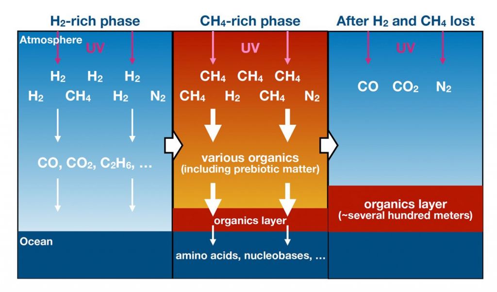 This diagram shows the evolution of Earth's ancient atmosphere estimated by this study. Earth initially had a reducing atmosphere with lots of H2 and some CH4. Intense UV energy from the Sun split water into hydrogen and oxygen radicals, with much of the hydrogen escaping into space. CH4 that remains in the atmosphere is converted into organics. Earth loses its ancient CH4 and H2-rich atmosphere, the CH4 decomposes, and a layer of organics several hundred meters thick accumulates. Image Credit: Yoshida et al. 2024