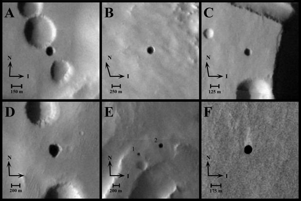 Images of cave openings on a Martian volcano. Credit: NASA/JPL-Caltech/ASU/USGS