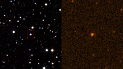 Star KIC 8462852 in infrared (2MASS survey) and ultraviolet (GALEX). Credit: Infrared: IPAC/NASA / Ultraviolet: STScI (NASA)