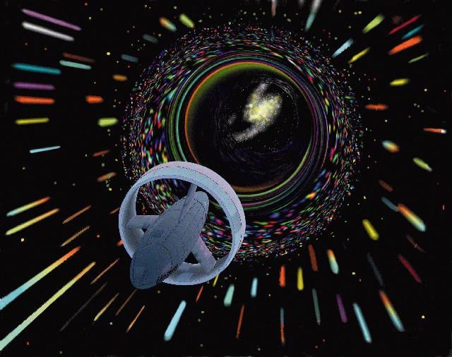 Artist illustration of a spacecraft passing through a wormhole to a distant galaxy. Image credit: NASA.
