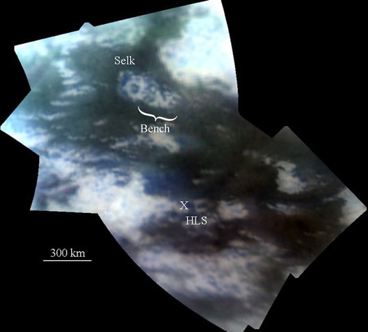 The Selk impact crater on Titan. This image was taken by the VIMS (Visual Imaging and Mapping Spectrometer) on the Cassini spacecraft. Image Credit: NASA/JPL/UA