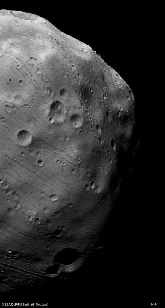 A close-up image of Phobos from Mars Express in 2010. Image Credit: ESA / DLR / FU Berlin (G. Neukum)