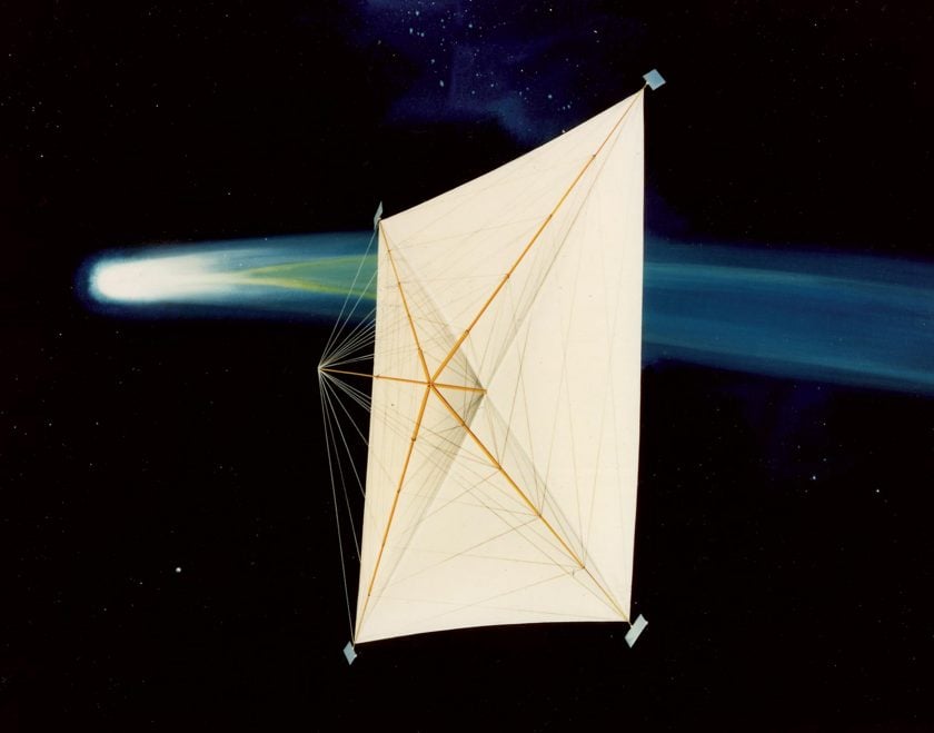 An illustration of the Halley's Comet Solar Sail Project. The drawing shows a solar sail 850 metres square. Image Credit: NASA / JPL-Caltech / Ken Hodges
