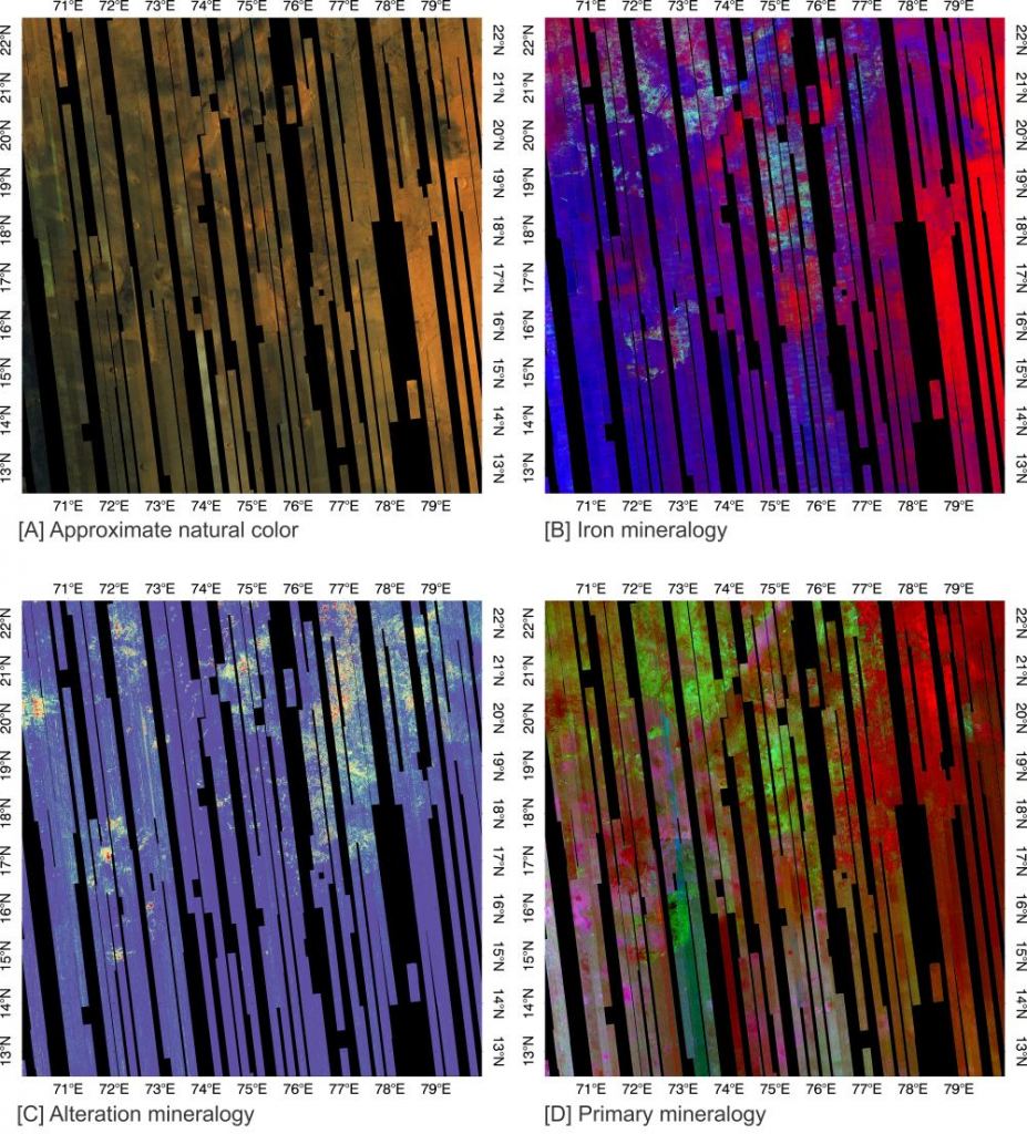 This four-panel montage shows different aspects of the tile mosaic composed of data collected over the Nili Fossae region from the yellow rectangle in the larger image preceding it. Top left: An approximate natural colour rendering of Mars’ surface. Top right: Synthetic colour composite showing variation in iron mineralogy, with iron oxide appearing in red, iron-bearing minerals (e.g., olivine, high-calcium pyroxene) in blue, and low-calcium pyroxene in cyan. Bottom left: Water-altered iron- and magnesium-rich phyllosilicate clays, as well as some carbonates, with warm colours indicating a stronger feature. Bottom right: Synthetic colour composite showing the variation of unaltered igneous minerals, with olivine (red), low-calcium pyroxene (green), high-calcium pyroxene (blue) and mineral mixtures (other non-primary colours). Credit: NASA/JPL-Caltech/Johns Hopkins APL