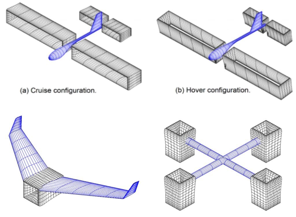 These conceptual drawings illutrate some of the thinking behind VTOL EAD thrusters. In each drawing, the box-shaped components produce the thrust. A and B are similar to the model used in test flights, while the two lower drawings illustrate other ideas. Image Credit: Steven Barrett.