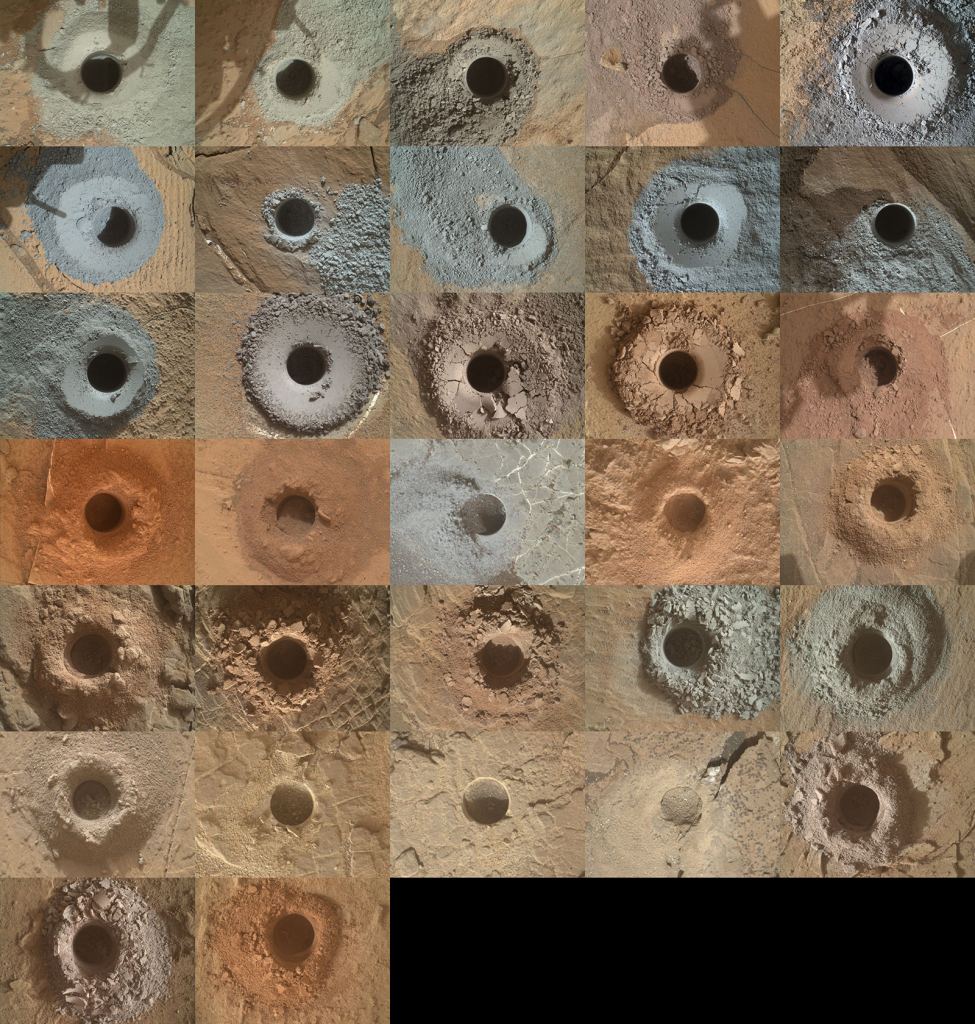 A sampling of drill holes made by the drilling arm on Curiosity. Courtesy NASA/JPL-Caltech/MSSS