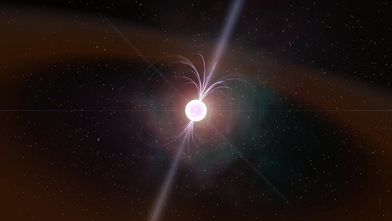 An artist's conception of a neutron star showing a schematic of its magnetic field and possible jets of material escaping from the poles. In the Scorpius X-1 system, the neutron star is paired with a low-mass star. Material escapes from the smaller star onto the surface of the neutron star. irregularities in the surface of the neutron star may play a role in creating gravitational waves. Credit: Kevin Gill, Attribution 2.0 Generic (CC BY 2.0)