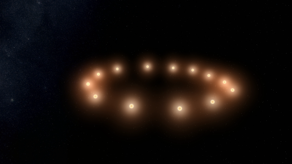 Stick the Earth in the middle and you'd have some very odd sunsets, not to mention orbital dynamics. Created with Universe Sandbox ²