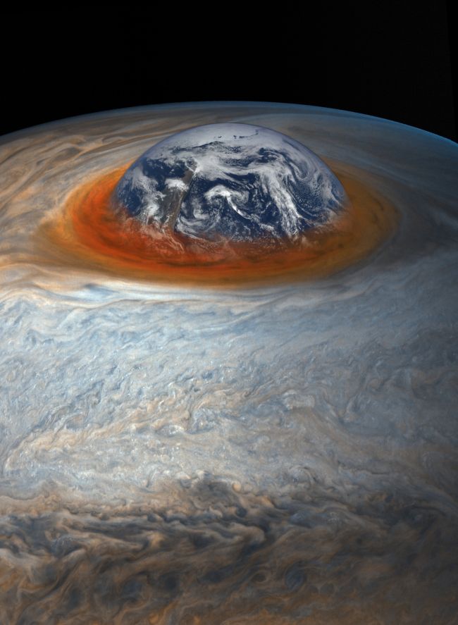 The Earth and the Great Red Spot. Image Credit: NASA/SwRI/MSSS/Gerald Eichstädt/Seán Doran/Flickr (CC BY-NC-ND 2.0)