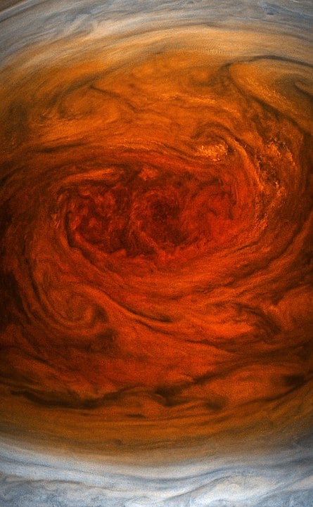 Closeup of the Great Red Spot taken from about 8,000 km (5,000 mi) above it (July 11, 2017). Image Credit: NASA / SwRI / MSSS / Gerald Eichstädt / Seán Doran
