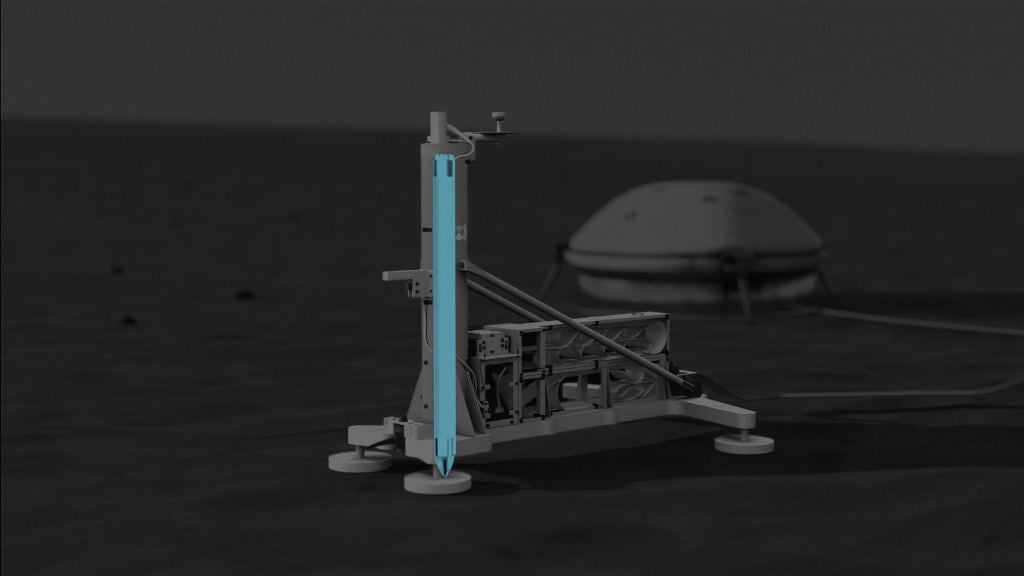 An illustration of the HP3 on the Martian surface. The mole penetrator is highlighted in blue. Image Credit: DLR (CC-BY 3.0)