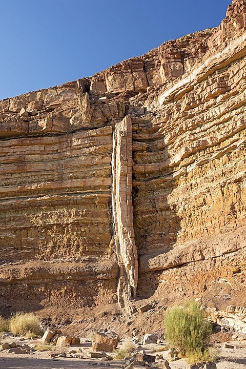 A magmatic dike cross-cutting horizontal layers of sedimentary rock, in Makhtesh Ramon, Israel. Image Credit: By Andrew Shiva / Wikipedia, CC BY-SA 4.0, https://commons.wikimedia.org/w/index.php?curid=52213126