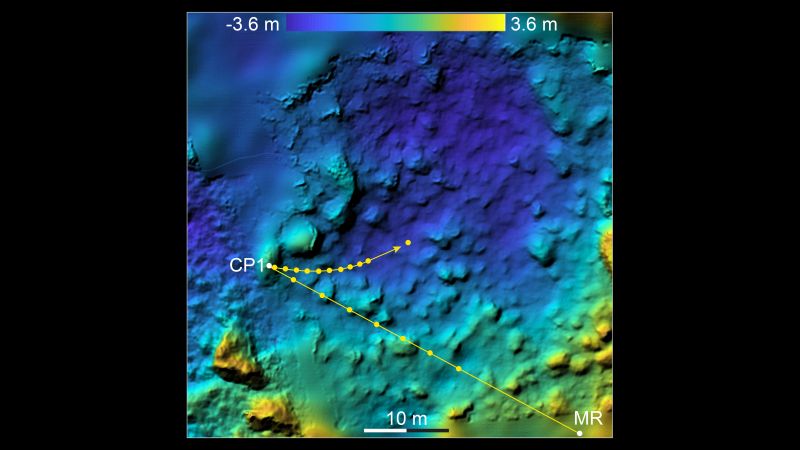 Using images from MASCOT's camera, called MAScam, scientists were able to map its trajectory to the surface and its path on the surface. MR is Mascot Release, where the lander was released from Hayabusa 2. CP 1 is Contact Point 1, and the curved arrowed line leading away from CP 1 is MASCOT's path on the surface. Image Credit: JAXA/U Tokyo/Kocchi U/Rikkyo U/Nagoya U/Chiba Inst. Tech./Meiji U/ U Aizu/AIST;DLR.